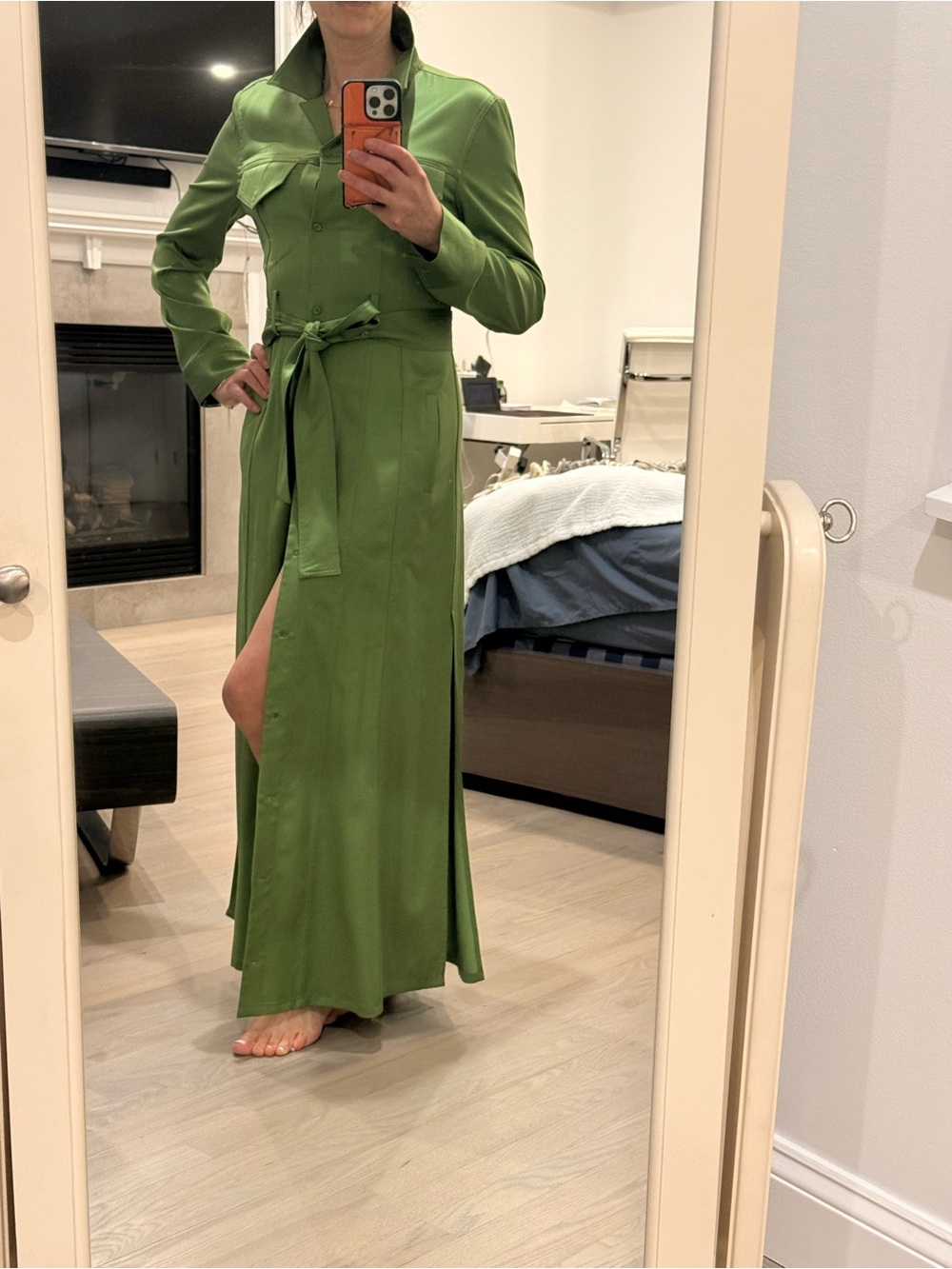 Alice + Olivia Olive Green Maxi Shirt Dress with Waist Tie